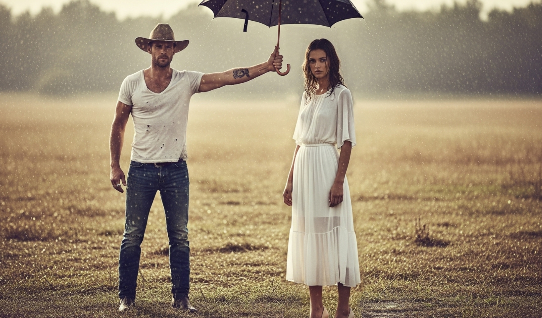 Cowboy covering his queen in the rain
